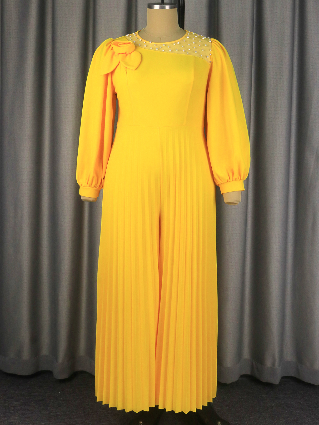 AM050934 O Neck Long Lantern Sleeve Beading Jumpsuit Flower Pleated Casual Wide Leg Playsuit