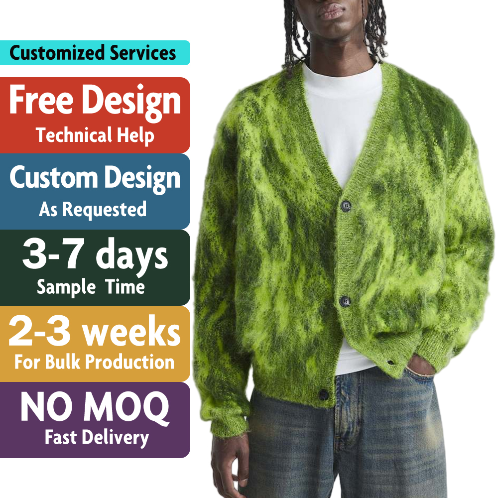 Custom Design OEM Mohair Sweater Men Fuzzy Long Sleeve Casual Knitwear Winter Jacket Knitted Jumper Cardigan Mohair Knit Sweater