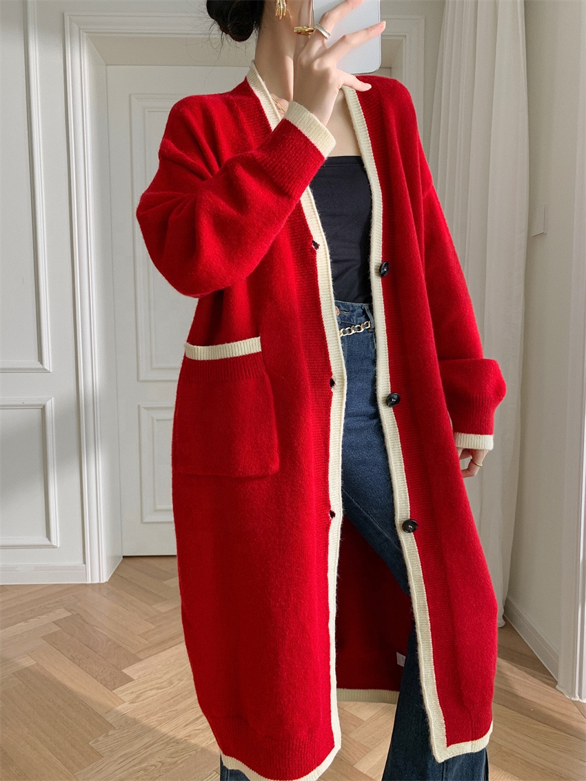Women's Simple Lazy Style Thick V-neck Long Knitted Cardigan Autumn Winter Casual Loose Button Decoration Breathable 28%Nylon