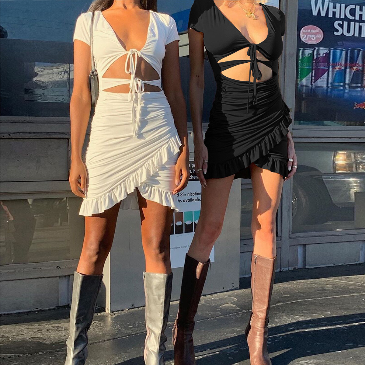 Mini Dresses for Women V Neck Elegant Korean Clothes Short Sleeve Ruffles Bodycon Dresses Autumn Summer