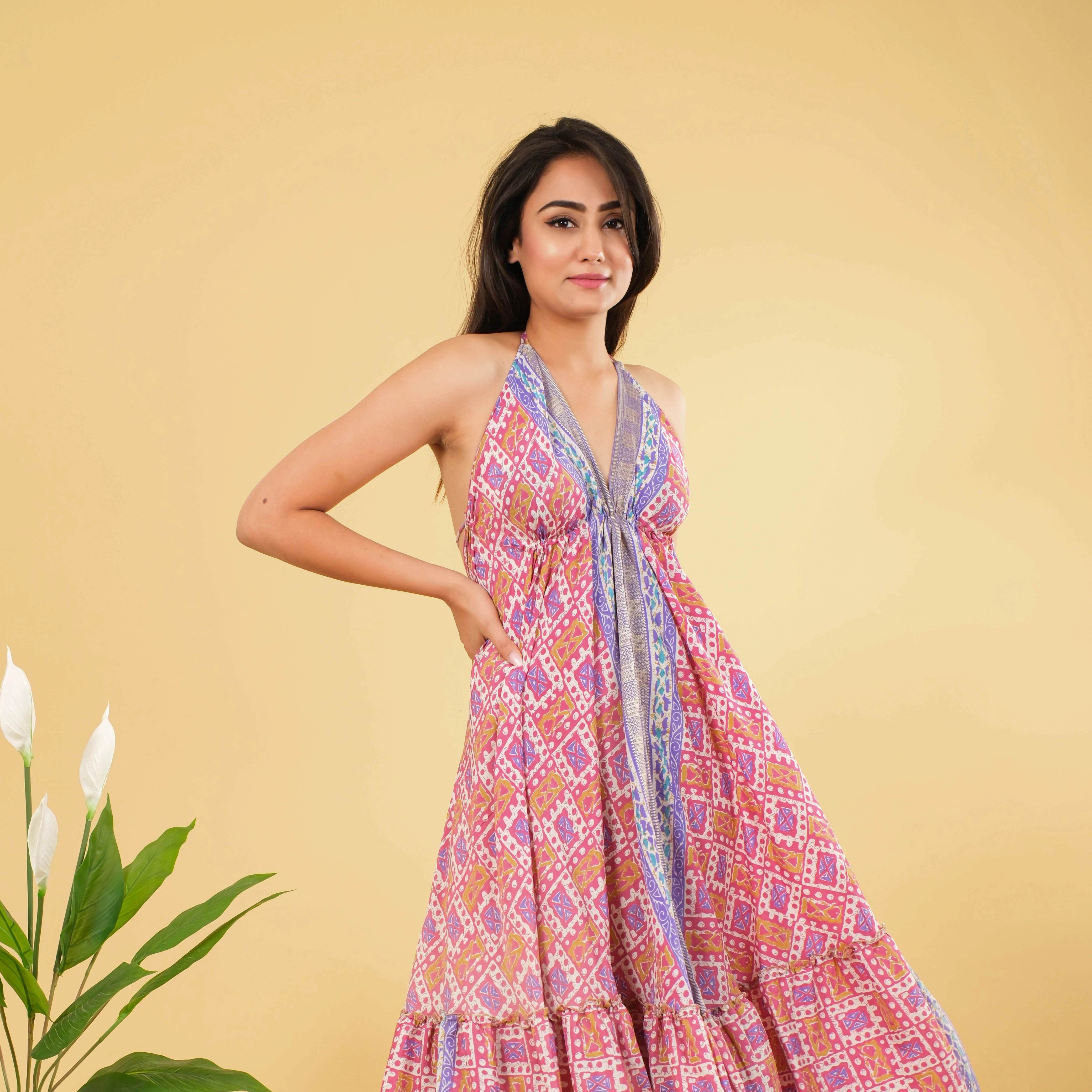 Women's Formal Maxi Dress Floor-Length Silk Floral Print Backless V-Neck Summer Wear