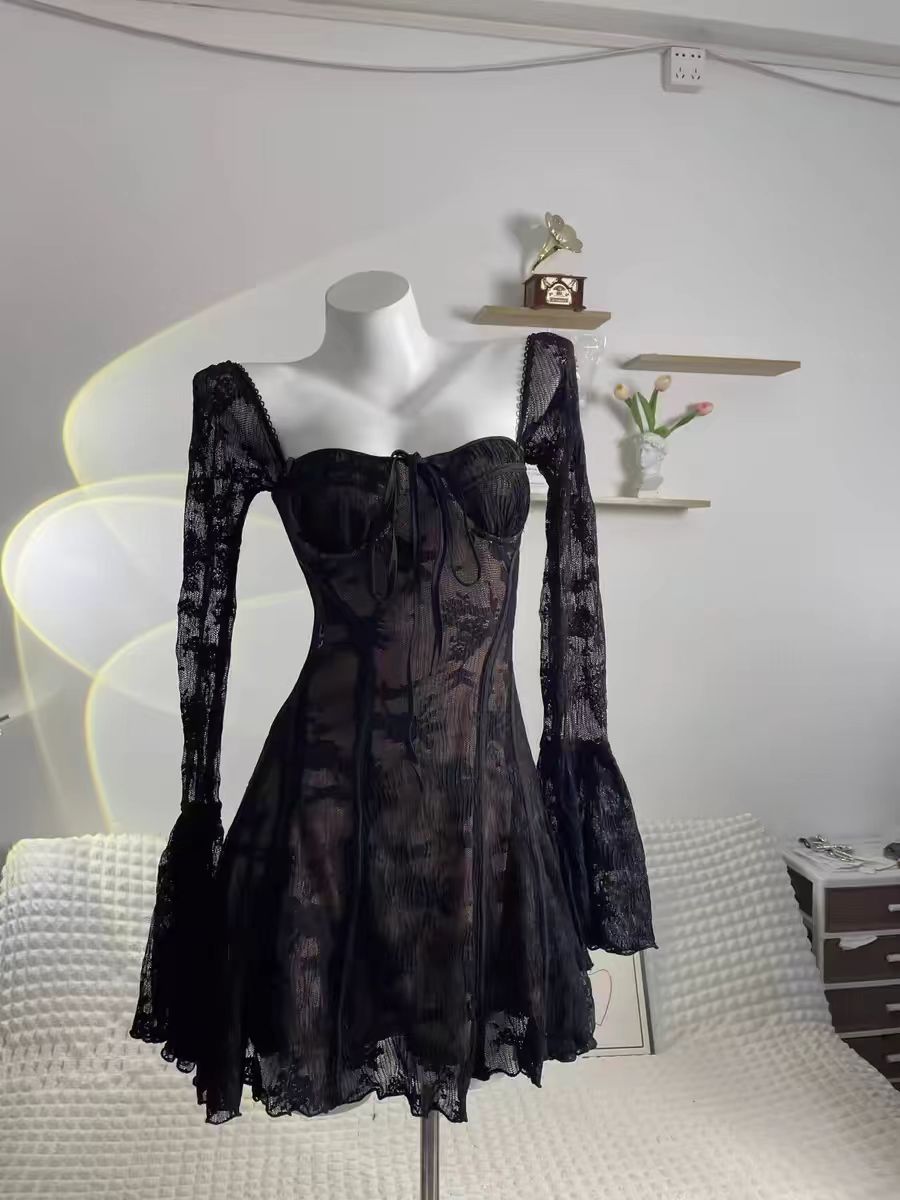 LS2436 Star Sexy Printed Long Sleeve Lace-up Minidress Fashion Elegant Women Lace Dress Street Casual A-line Dress