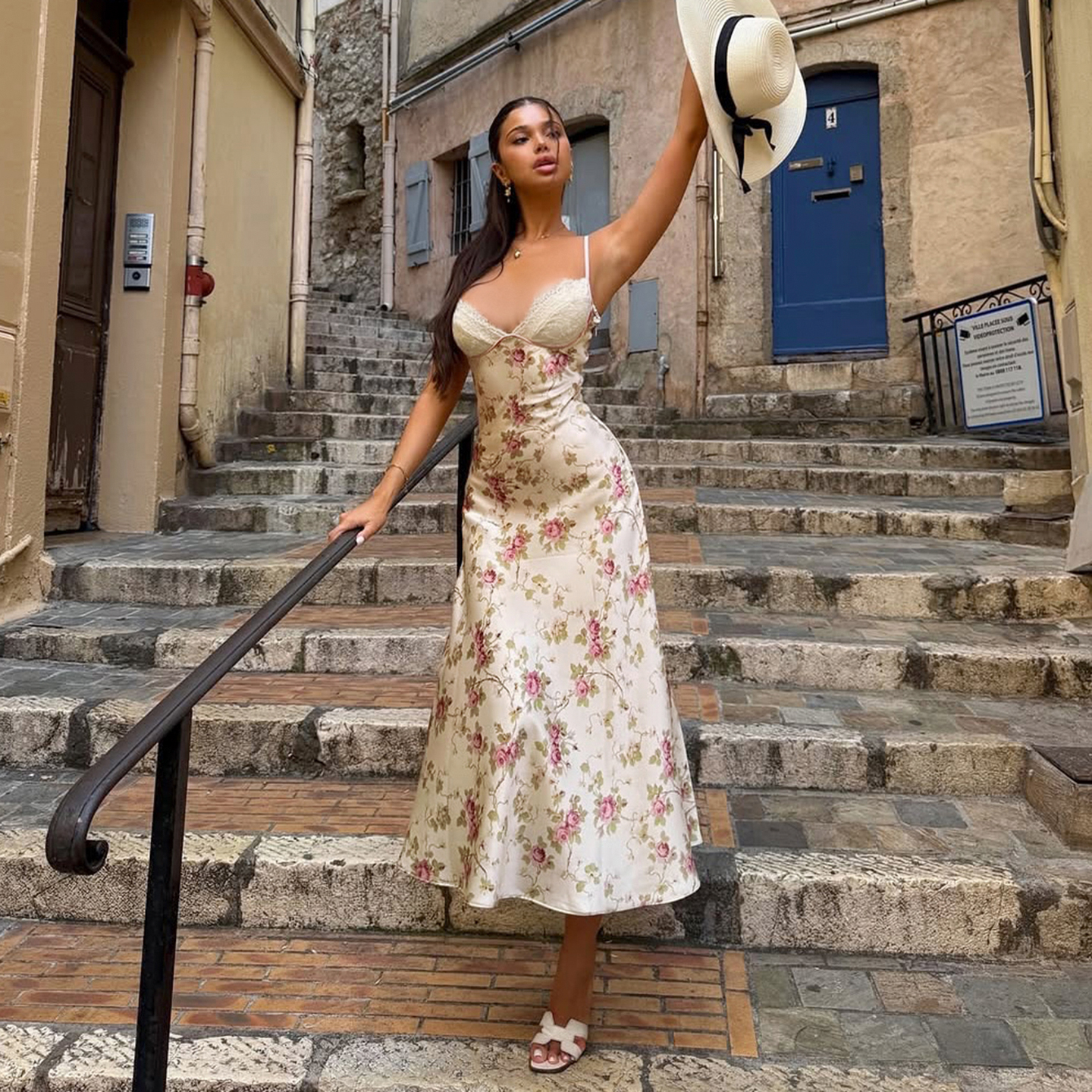 Elegant Casual Summer Eco-Friendly Breathable Floral Digital Printed Woven A-Line Spaghetti Strap Maxi Dress Lace Satin Contrast