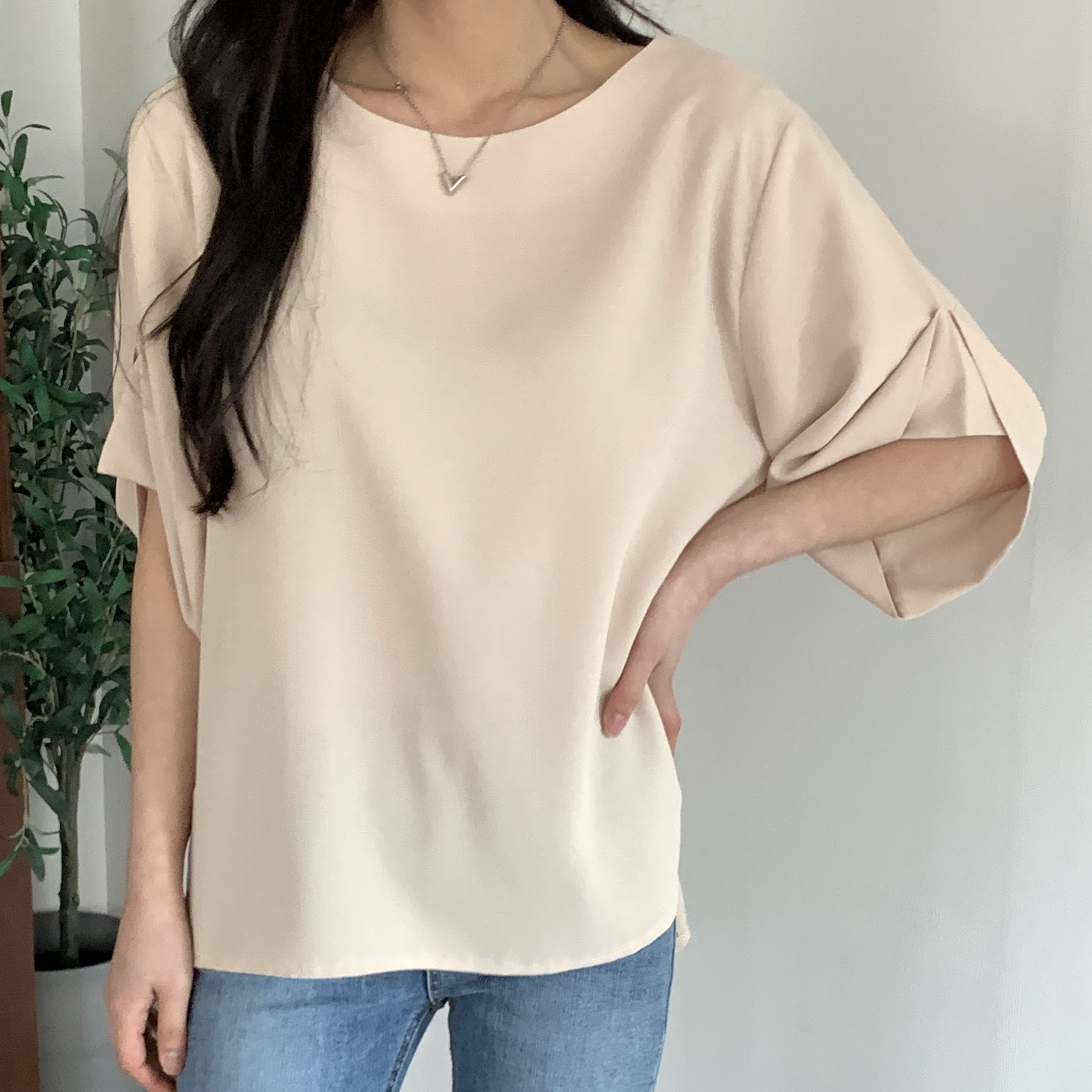 Korean Made Women's Blouse with Half Sleeve Puff Detail Soft Touch Neck Asymmetrical Hem 100% Polyester High Street Style Top