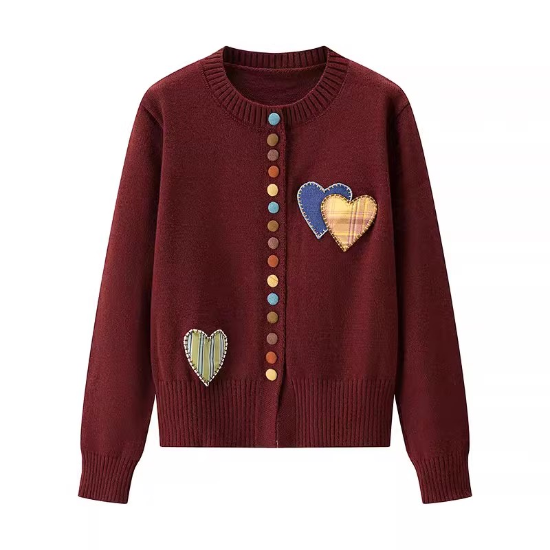 Plus Size Women's Knit Cardigan with Heart-Shaped Color Buttons Round Neck Loose Fit Sweater