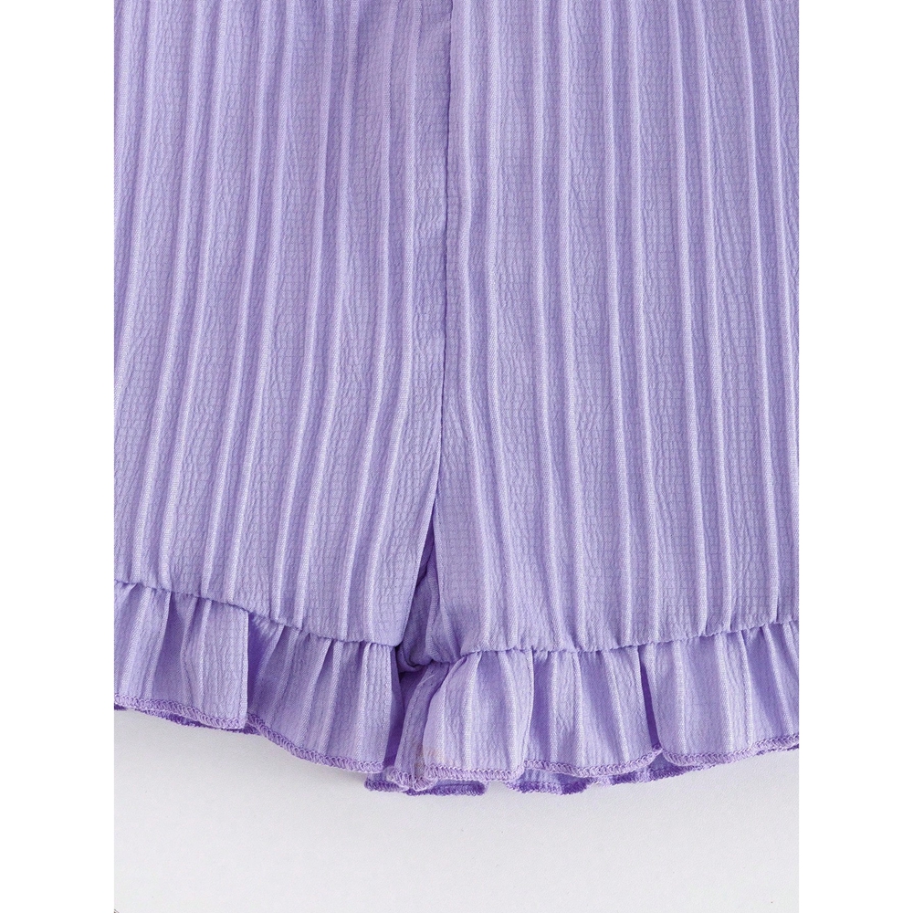 Minimalist Soft Stretch Vertical Rib Texture Button Placket Decor Ruffle Short Leg Hem Black Lavender Girl Kid Romper