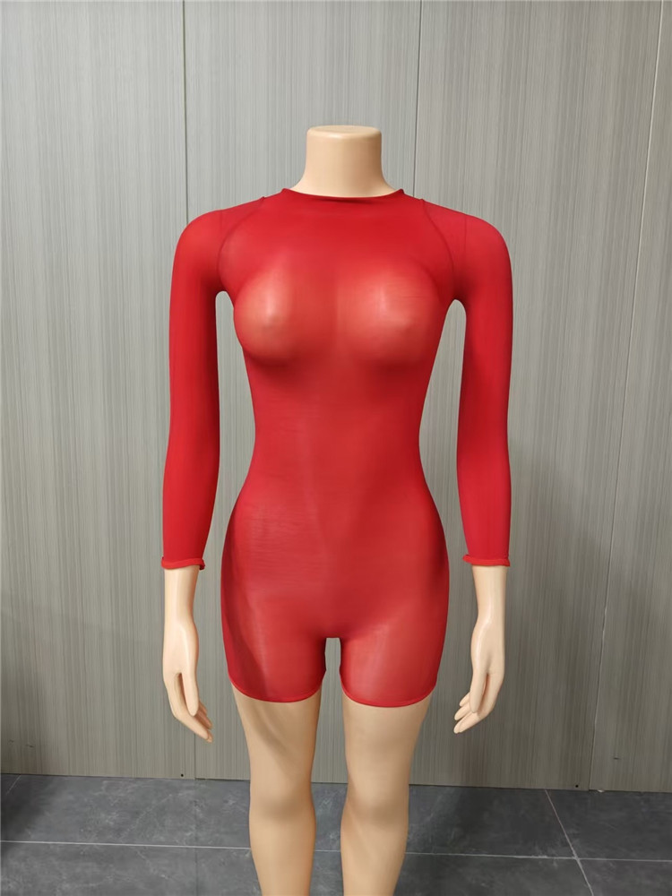 2026 Spring Summer Women Bodycon Jumpsuit Stretch Gloss Oil Shiny Bodysuit Night Playsuit Sexy See Through Mesh Rompers