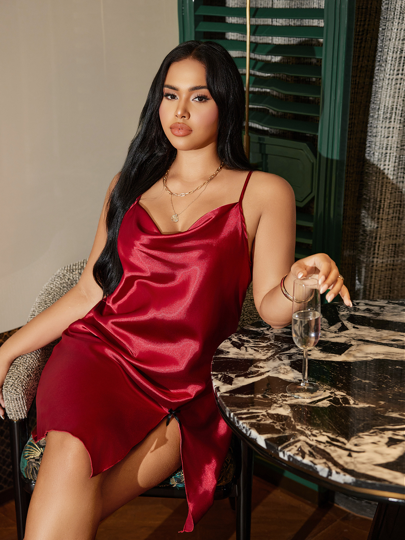 ODM Sexy Women's Satin Nightgown Elastic Waist Breathable Solid Summer Plus Size Slit Camisole Pajamas
