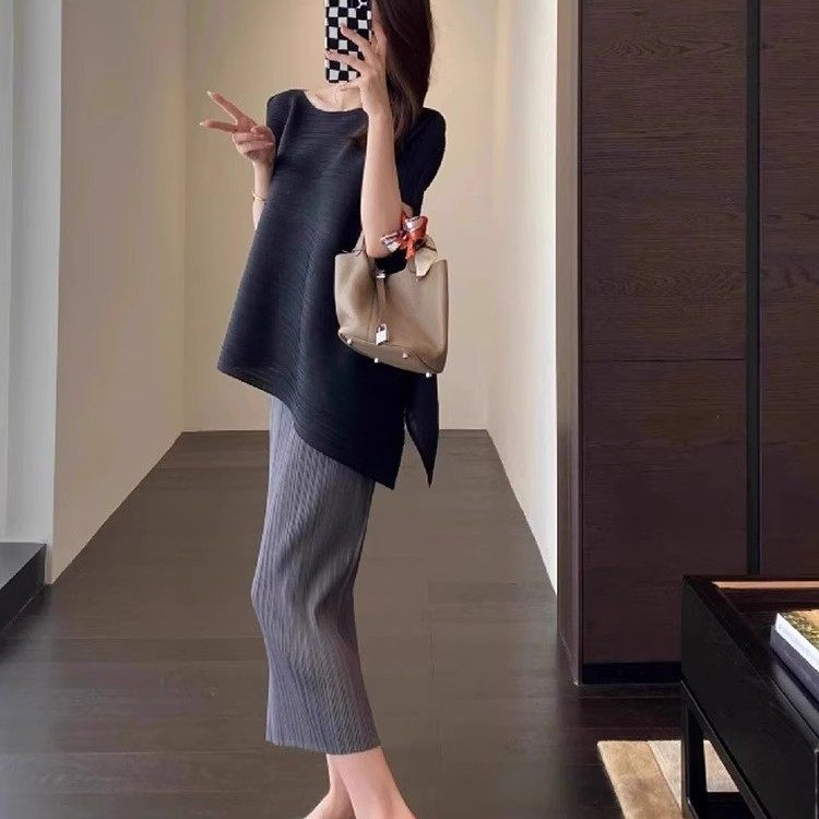 Miyake Summer Midi Pleated Short Sleeve T-Shirt and Skirt Two-Piece Set for Women 2025 New