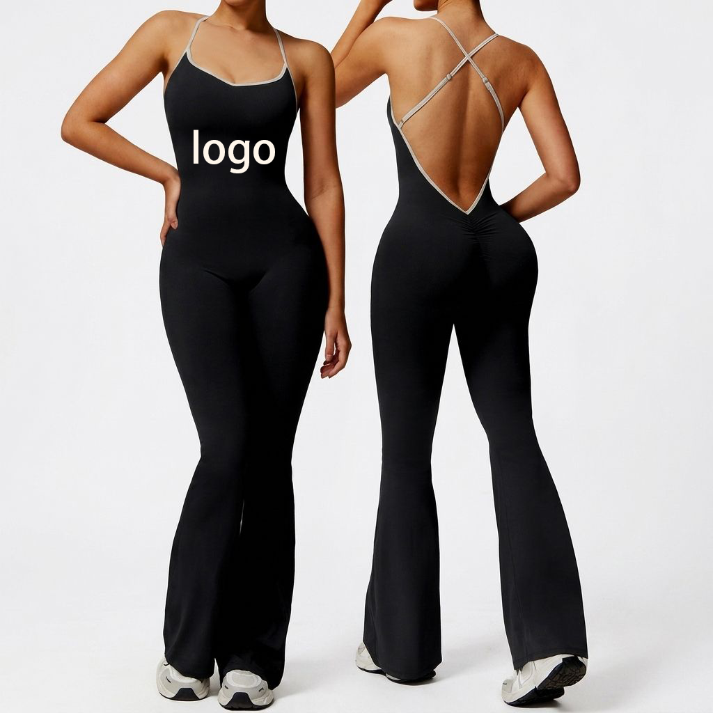 Wholesale Custom Logo Women Backless Yoga Jumpsuit Spaghetti Strap Flared Leg Bodysuit Gym Workout One Piece Bell Bottom Quick
