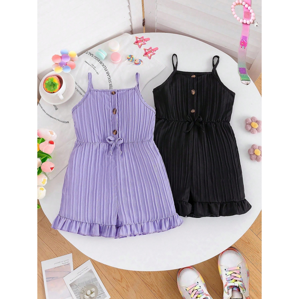 Minimalist Soft Stretch Vertical Rib Texture Button Placket Decor Ruffle Short Leg Hem Black Lavender Girl Kid Romper