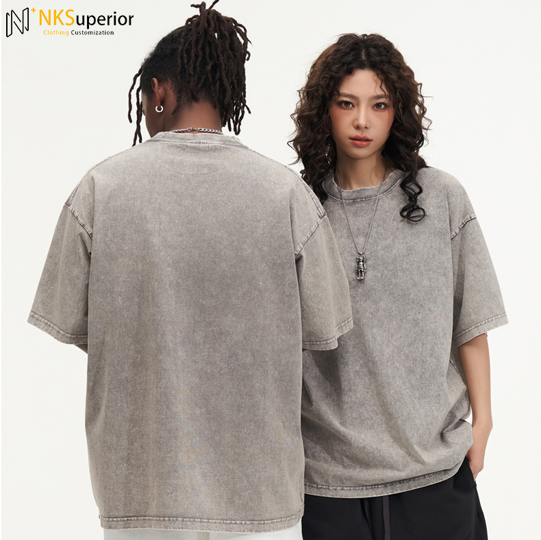 Vintage Acid Washed T-Shirt For Men Custom Logo Distressed Heavyweight 100% Cotton Blank Oversized Casual Style Knitted Fabric