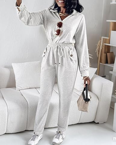 Casual Hooded Solid Printed Jumpsuits for Women 100% Cotton Fleece Winter Full Length Long Sleeve Zipper Fly with Side Pockets