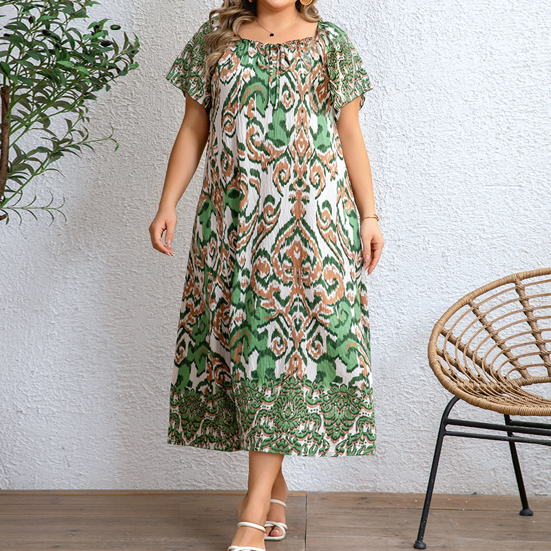 Full Print Women's Plus- Size Vacation Dress Short Sleeves Pleated Design Square Neck Loose Midi Skirt Beach Seaside Wear Casual