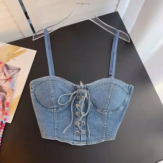 Women's Best Quality 100% Cotton Breathable Eco-Friendly Camisoles Removable Padded Front Lace Design Back Zip Jean Style