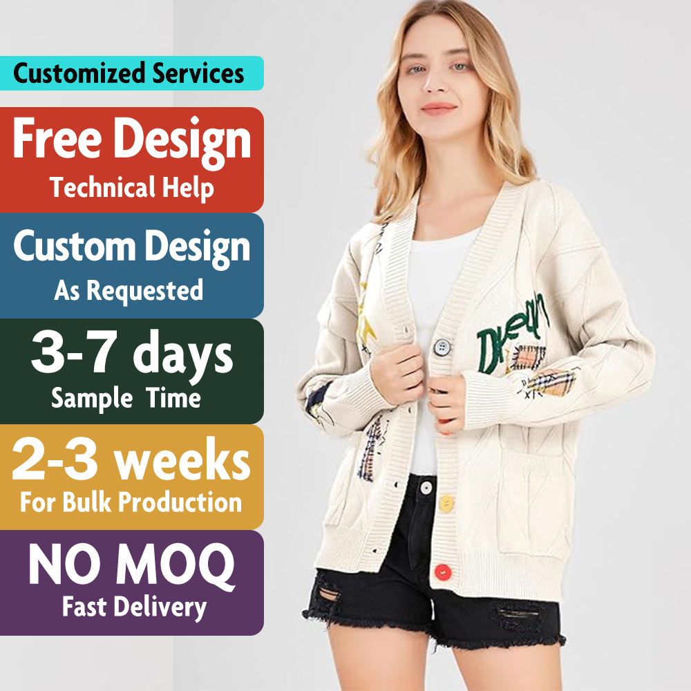 Custom LOGO Ladies Cardigan Sweater Embroidered Patch Autumn Casual Winter Knitted Coat Pocket Women's Jacket for Autumn Season