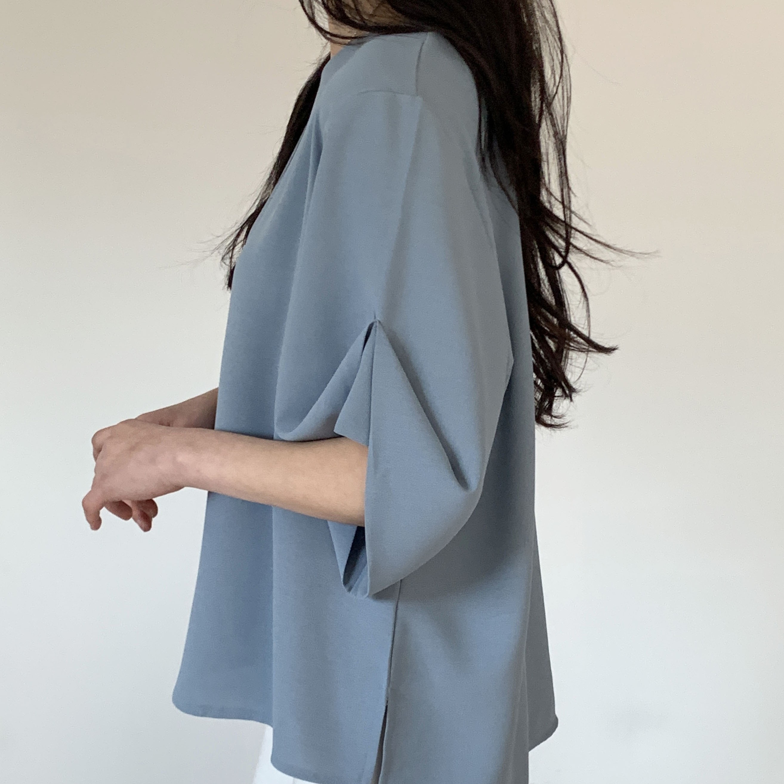 Korean Made Women's Blouse with Half Sleeve Puff Detail Soft Touch Neck Asymmetrical Hem 100% Polyester High Street Style Top