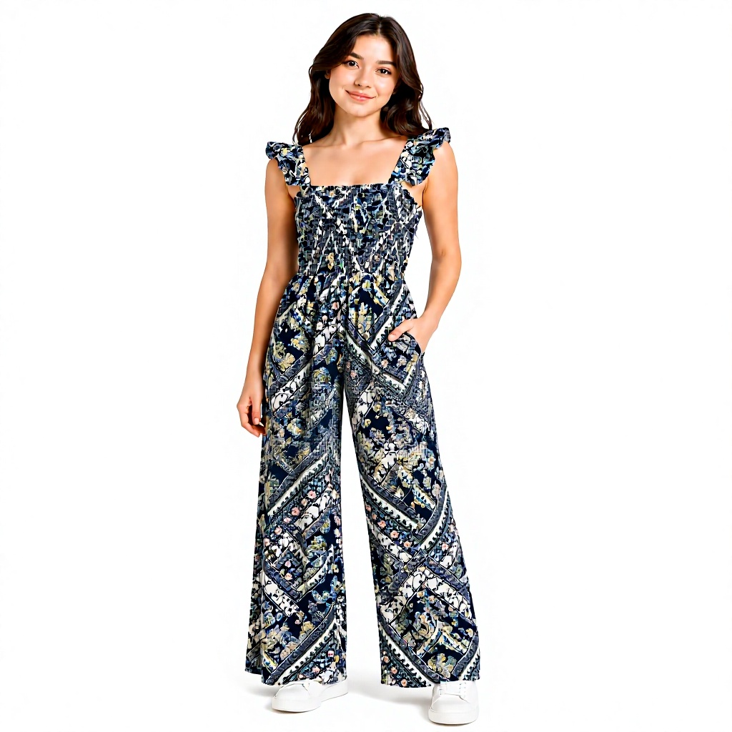 Juvenil Casual Summer Breathable Knitted American Jumpsuit Geometric Pattern Straps Full-Length Wide Pants Polyester/Cotton