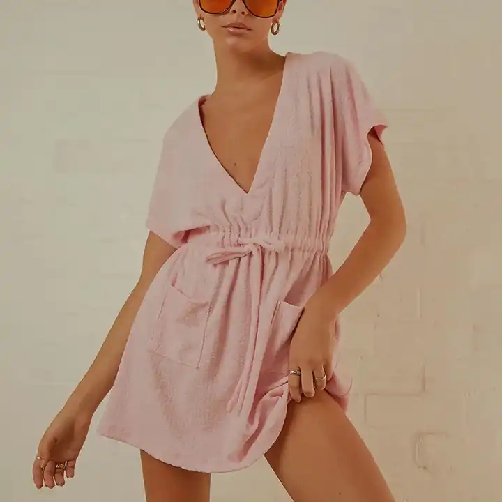 2023 High Quality Elegant Terry Towelling Mini Dress Pink Terry Towel Fabric Rib Band Detail V-neck Mini Dress With Belt