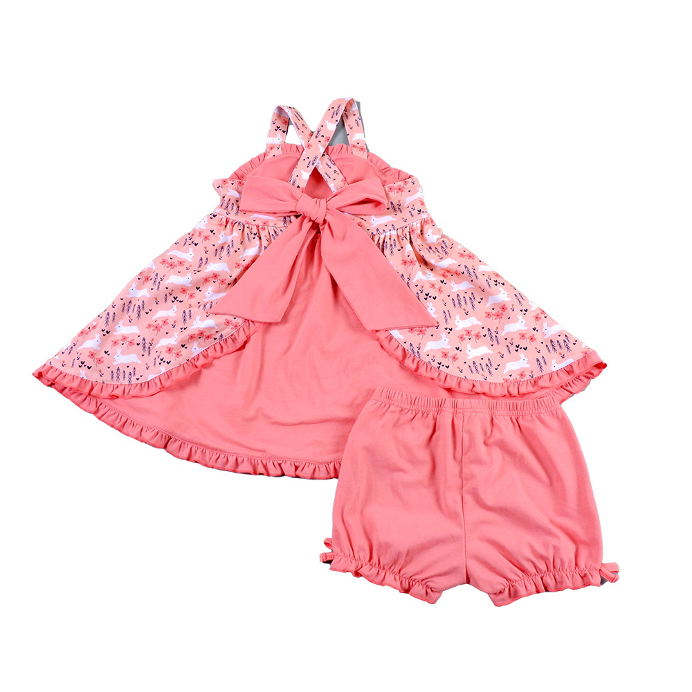 New Arrival Cute Rabbit Print Minidress &amp; Shorts Set for Girls Cotton Worested Fabric with Bow Animal Patterned Girls Clothing