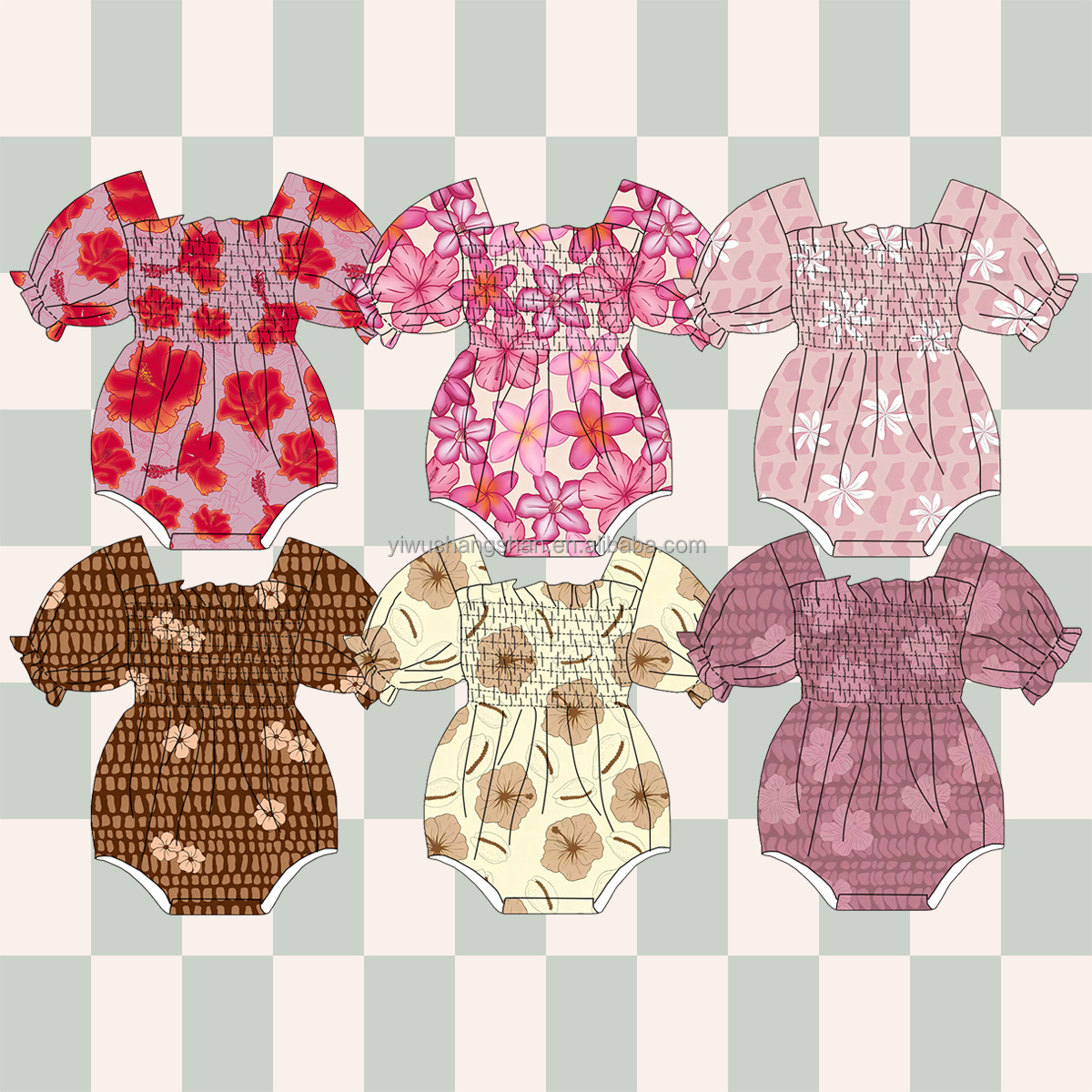Trendy Kids Baby Summer Rompers Hawaiian Patterns Puff Sleeves Bubble Jumpsuits Smocked Ruffle Leotard for Girls