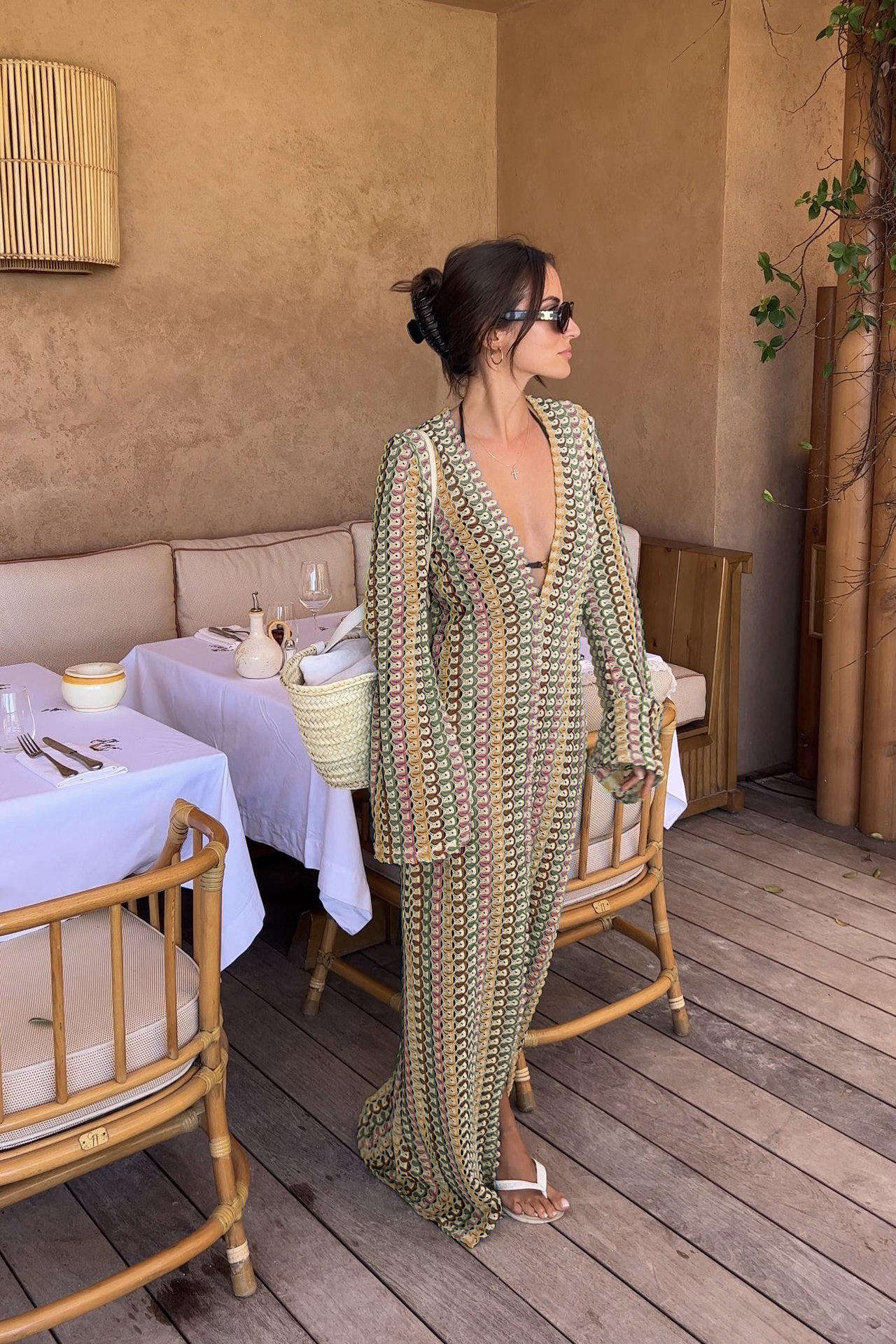 Women Knit Split Flare Sleeved Maxi Dress Elegant Fashion Sexy Deep-V Hooked Crochet Robes Female Club Party Vacation Vestidos