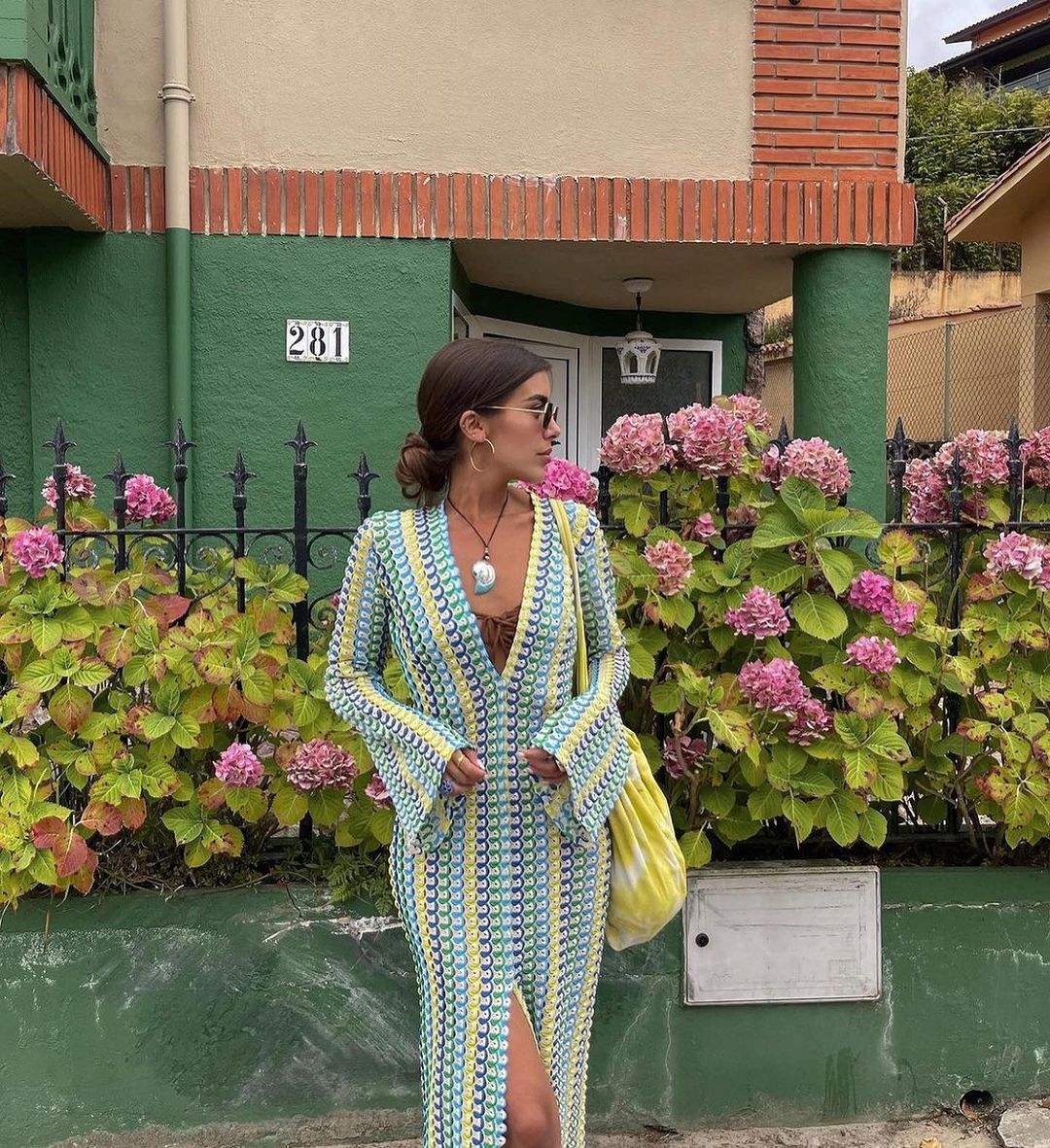 Women Knit Split Flare Sleeved Maxi Dress Elegant Fashion Sexy Deep-V Hooked Crochet Robes Female Club Party Vacation Vestidos