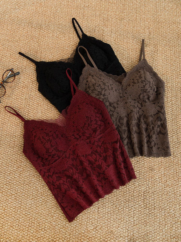 Wholesale Women's Sexy Camisole French V-Neck Lace Hollow Back Knitted Spandex/Nylon Solid Breathable Tank Top Removable Pads