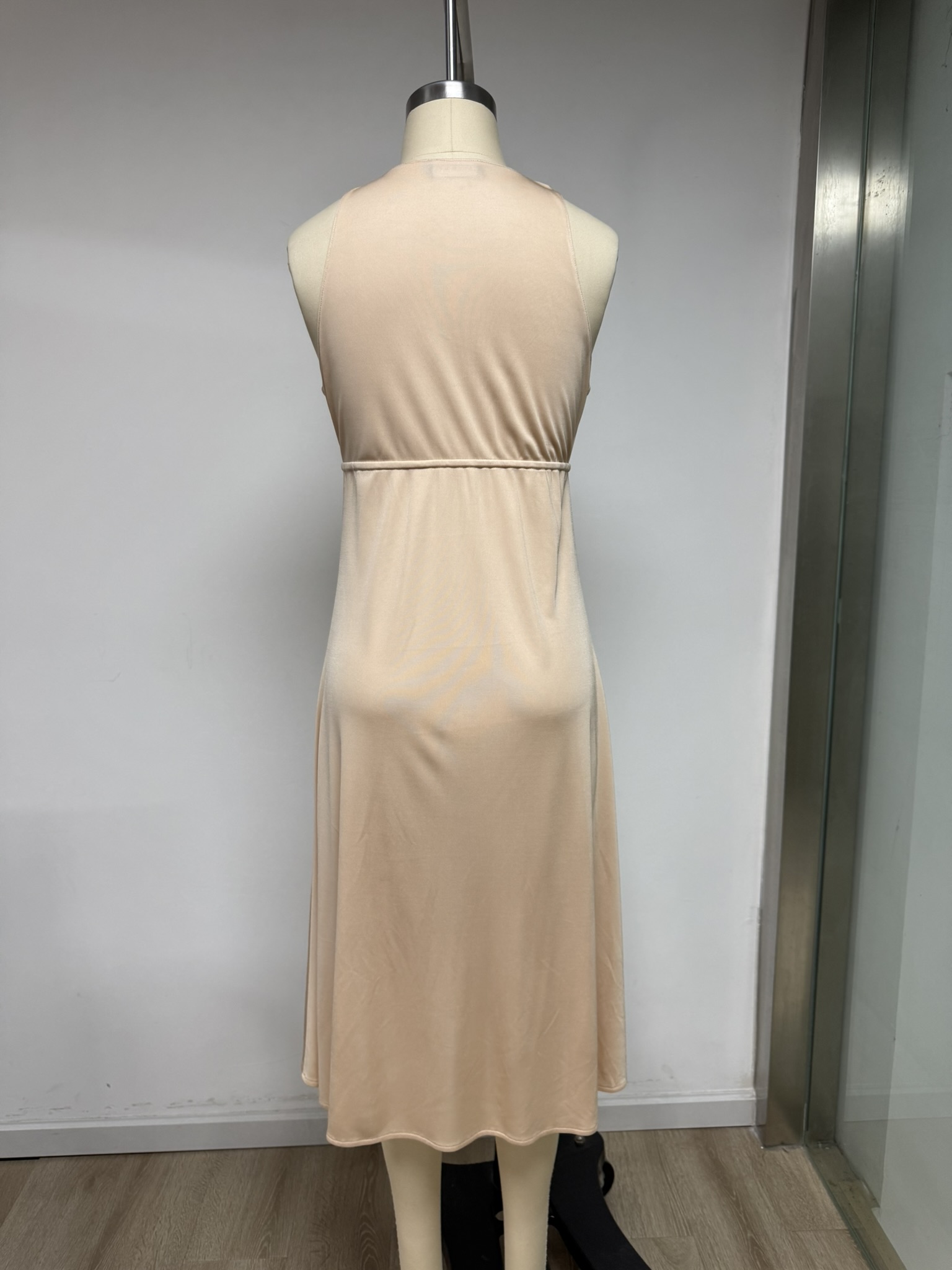 Women's Elegant A-Line Waist Tie Midi Dress Viscose Jersey Sleeveless Deep V-Neck Casual Party Wear Autumn Eco-Friendly Solid