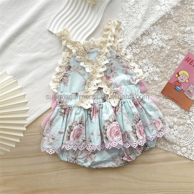 Low MOQ Custom Pattern Manufacturer Floral Cotton Romper Lovely Summer Infant Toddler Children Clothes Ruffle Girls Kids Romper