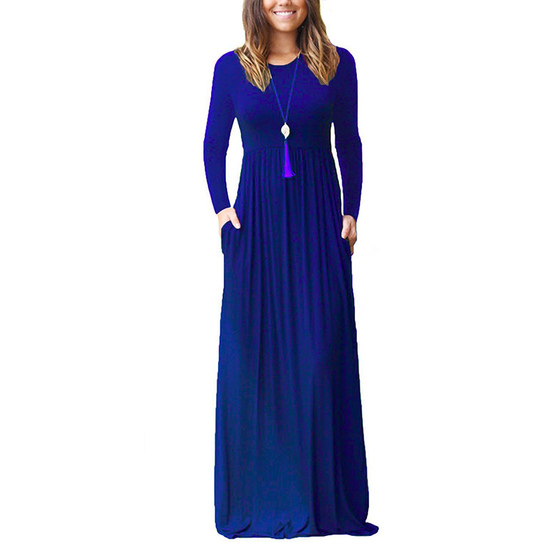 New Women's Long Sleeve Loose Plain Maxi Dresses Casual Long Dresses With Pockets