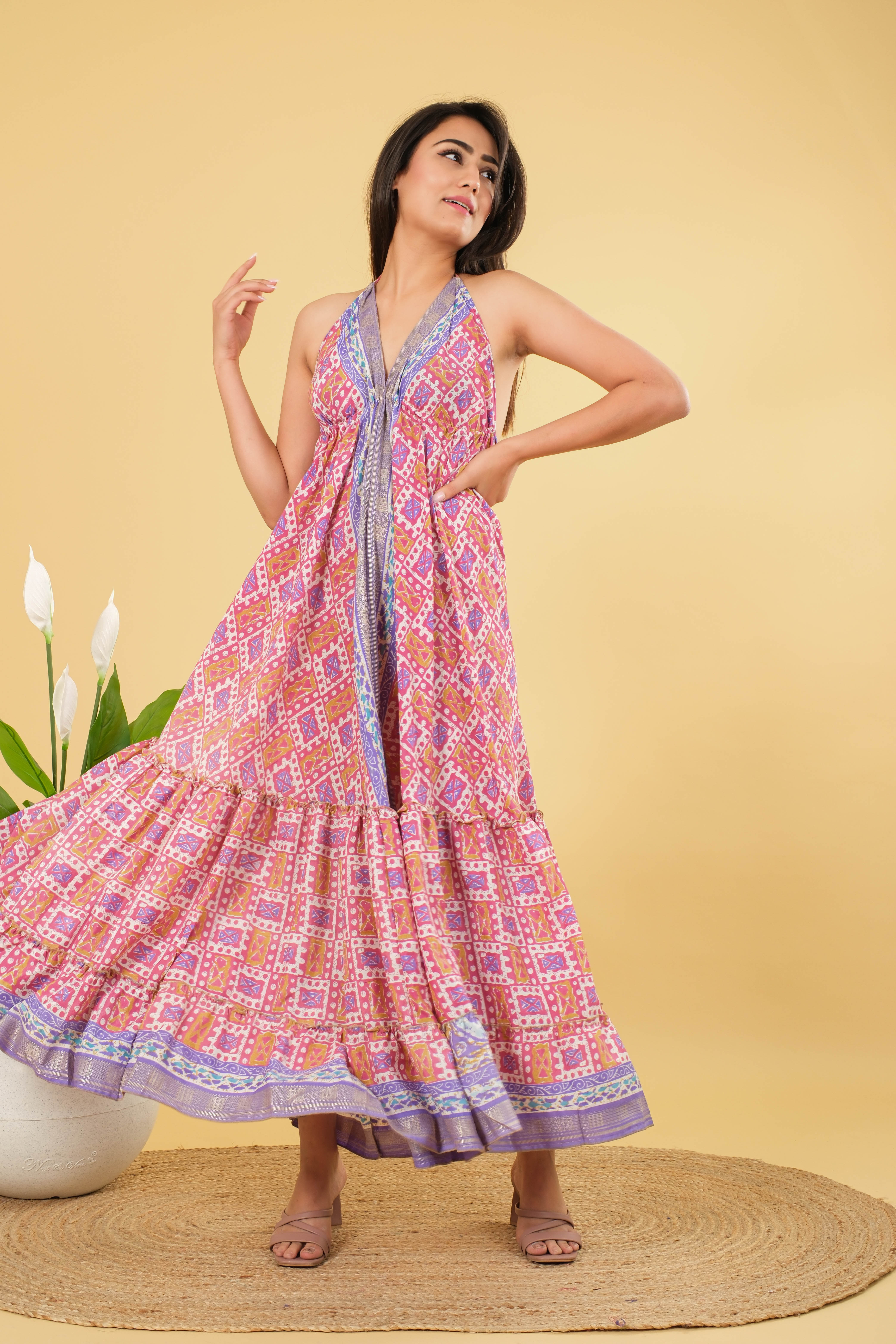 Women's Formal Maxi Dress Floor-Length Silk Floral Print Backless V-Neck Summer Wear