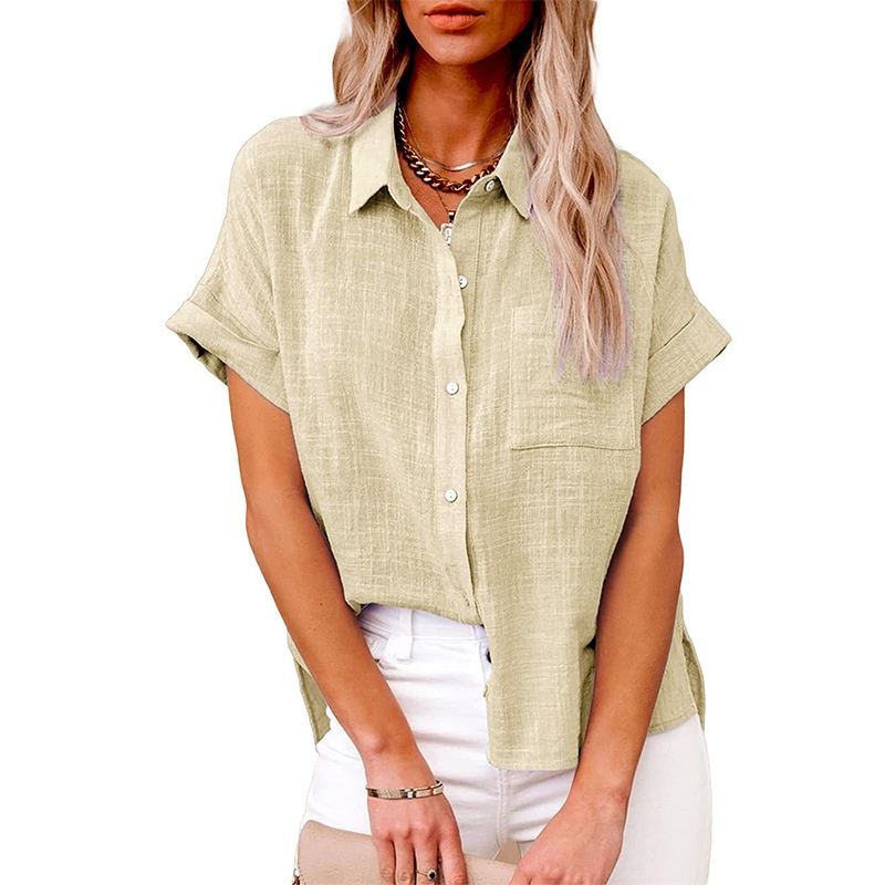 Hot Sale Women's Summer Linen Casual Shirt Short Sleeve Blouse Loose Fit Button Shirt