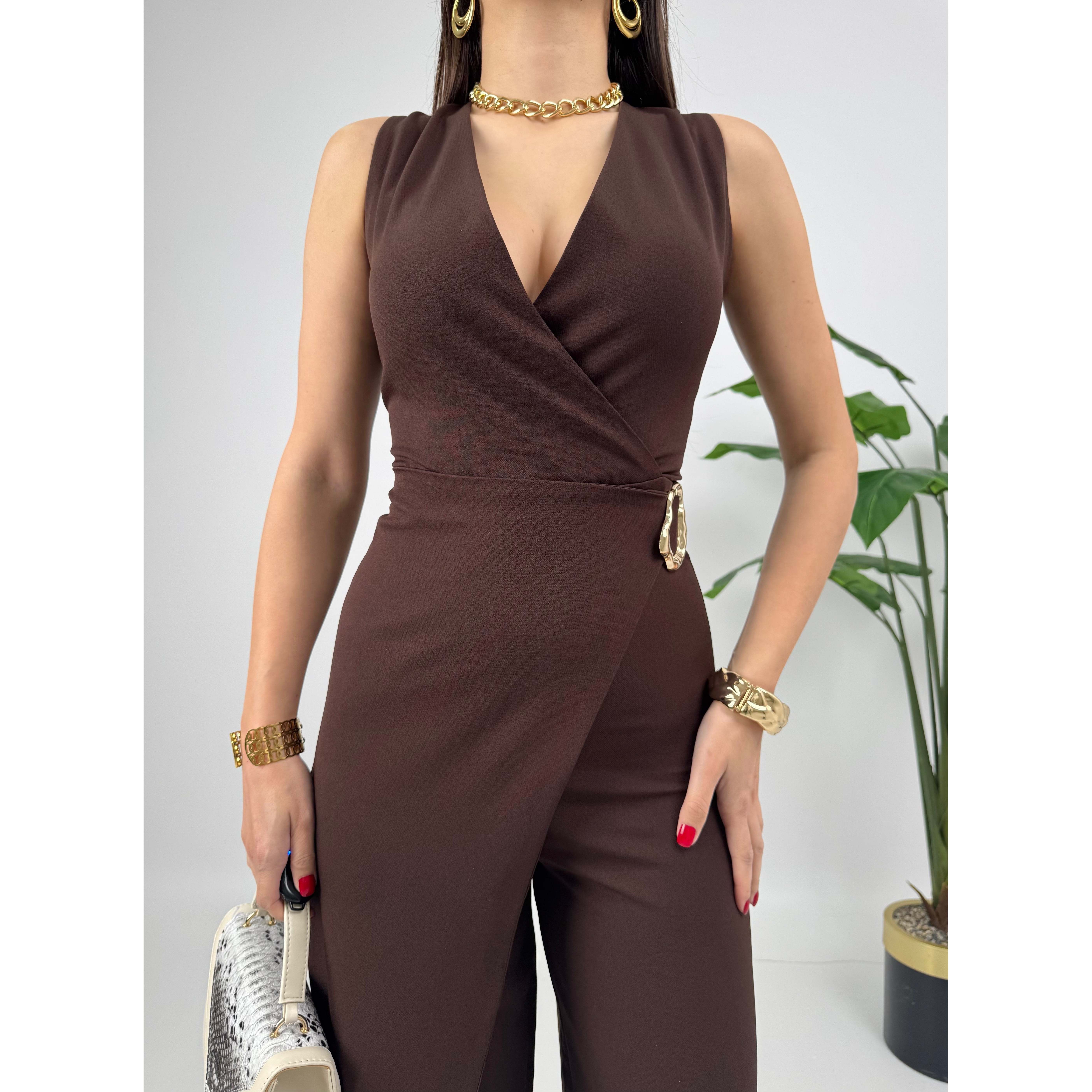 MissJANELL Women's 3019 Black Satin Jumpsuit with Waist Buckle Detail