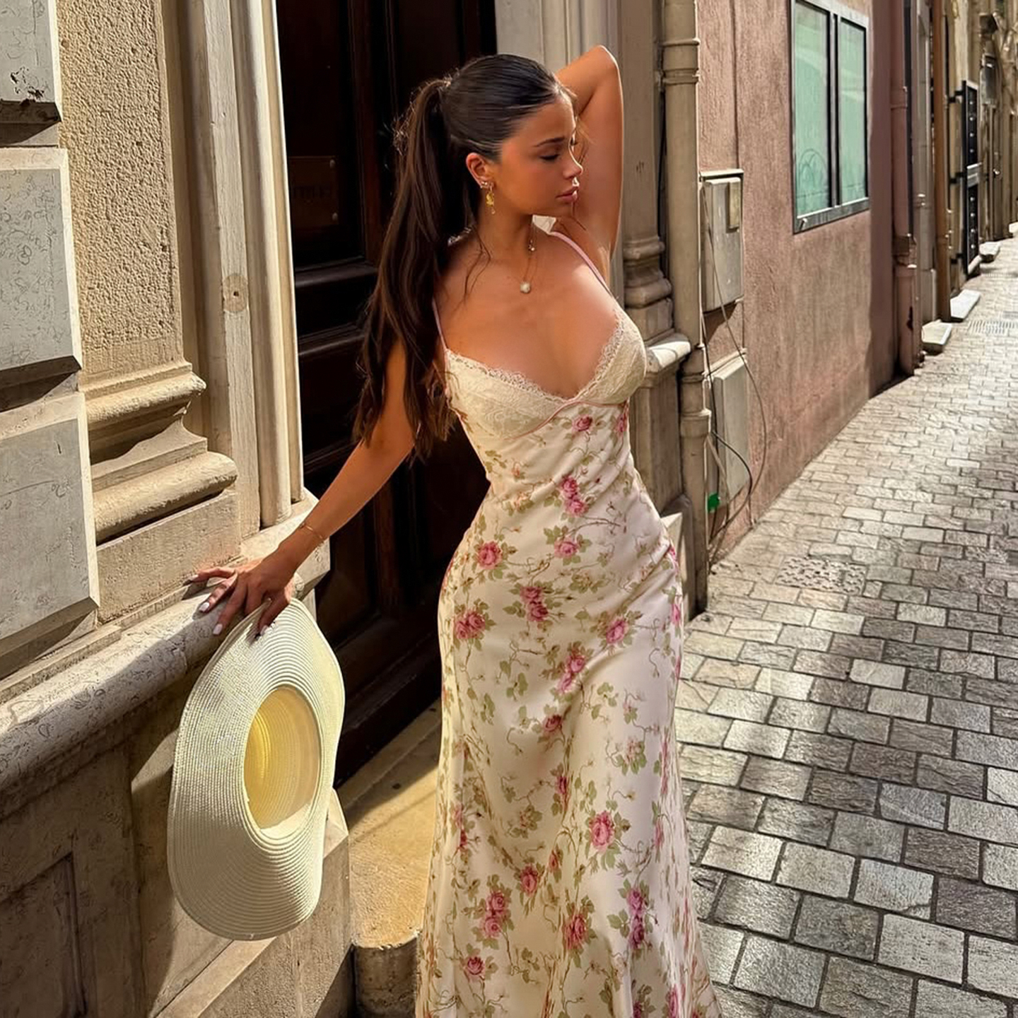 Elegant Casual Summer Eco-Friendly Breathable Floral Digital Printed Woven A-Line Spaghetti Strap Maxi Dress Lace Satin Contrast