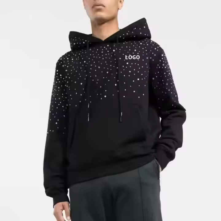 High Quality Custom 100% Cotton Men's Clothes Colored Diamond Asbestos Pullover Hoodie Heavyweight Rhinestone-embellished Hoodie