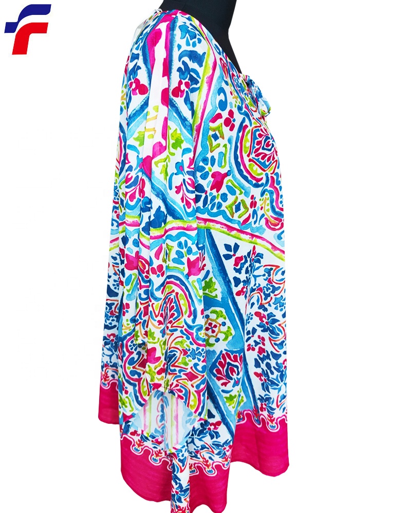 Women Plus Mama Size Woven Polyester Chiffon Blouse Tops for Ladies with V Neck Tie Front Poncho Bordery Print