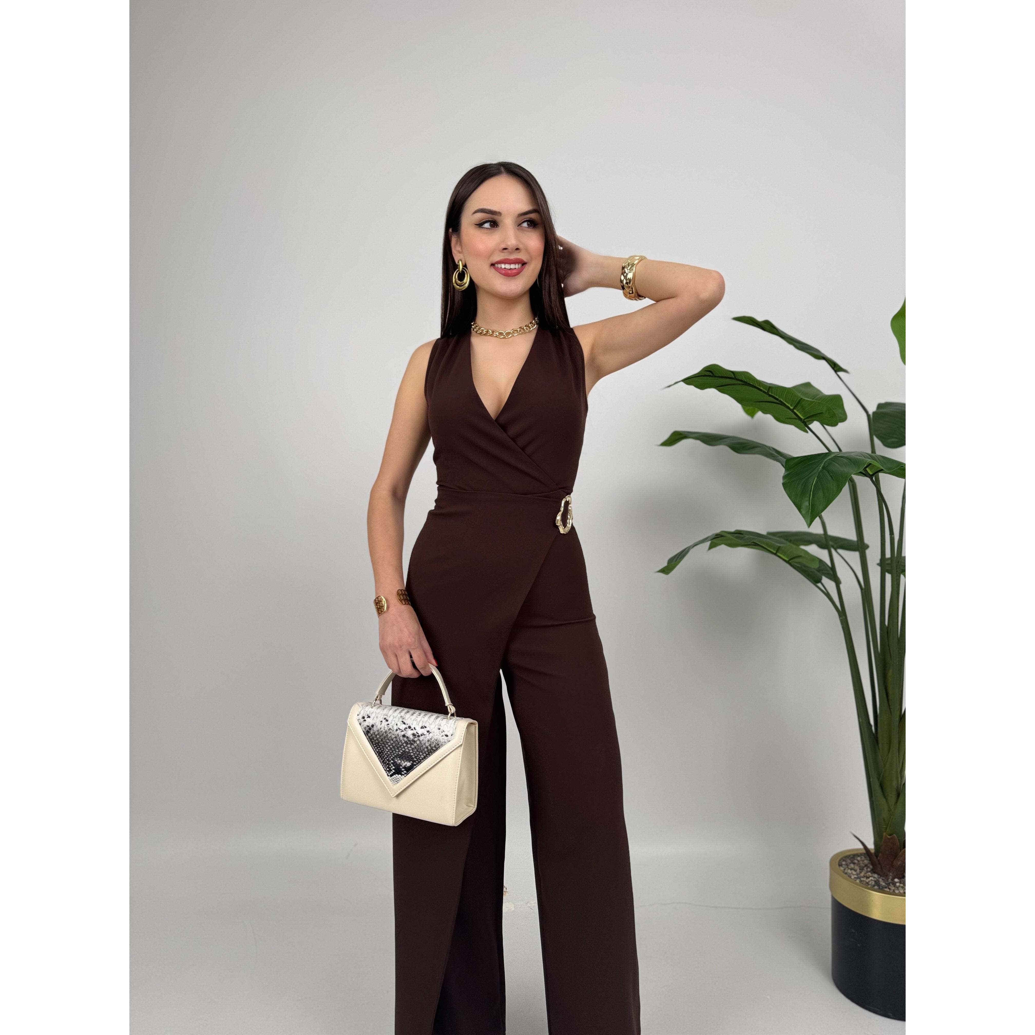 MissJANELL Women's 3019 Black Satin Jumpsuit with Waist Buckle Detail