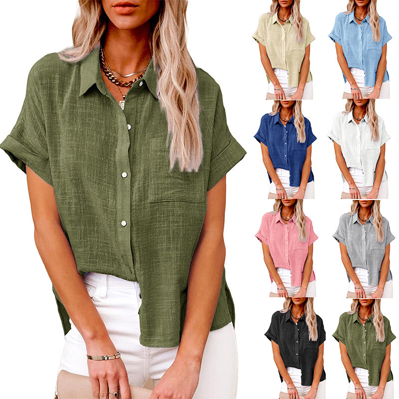 Hot Sale Women's Summer Linen Casual Shirt Short Sleeve Blouse Loose Fit Button Shirt