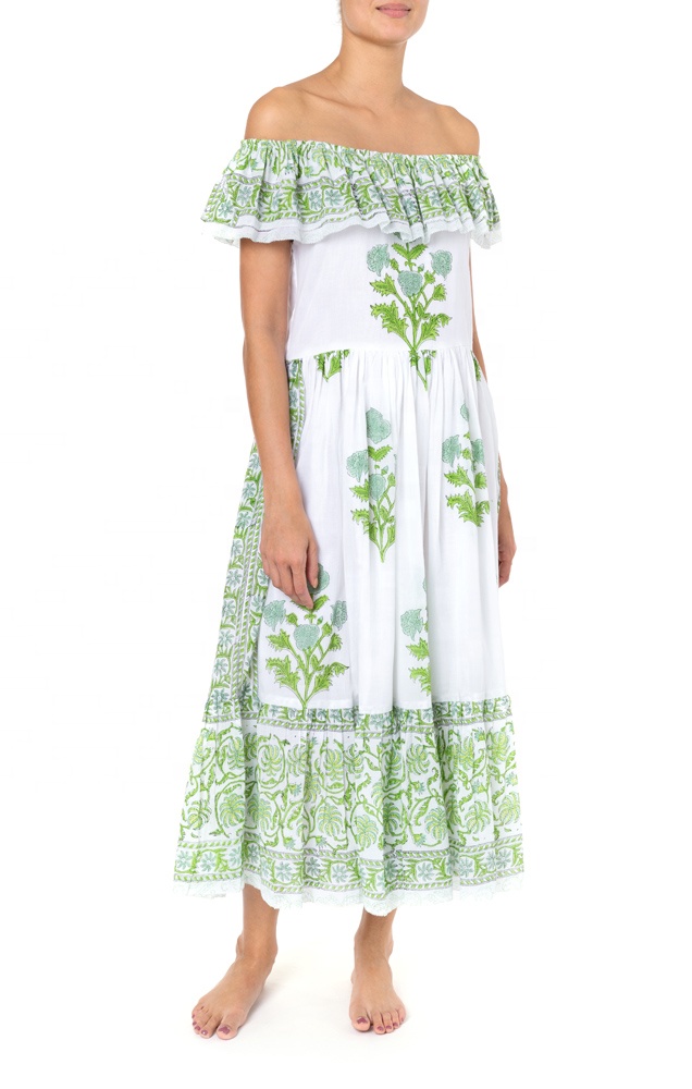 Most Flattering Women Midi Dress Floral Poppy Print Off Shoulder Perfect Summer Cotton Maxi Dress in Mint