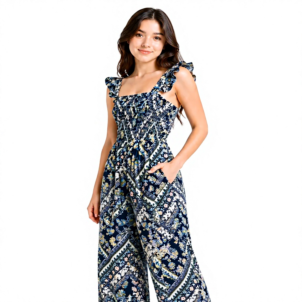 Juvenil Casual Summer Breathable Knitted American Jumpsuit Geometric Pattern Straps Full-Length Wide Pants Polyester/Cotton