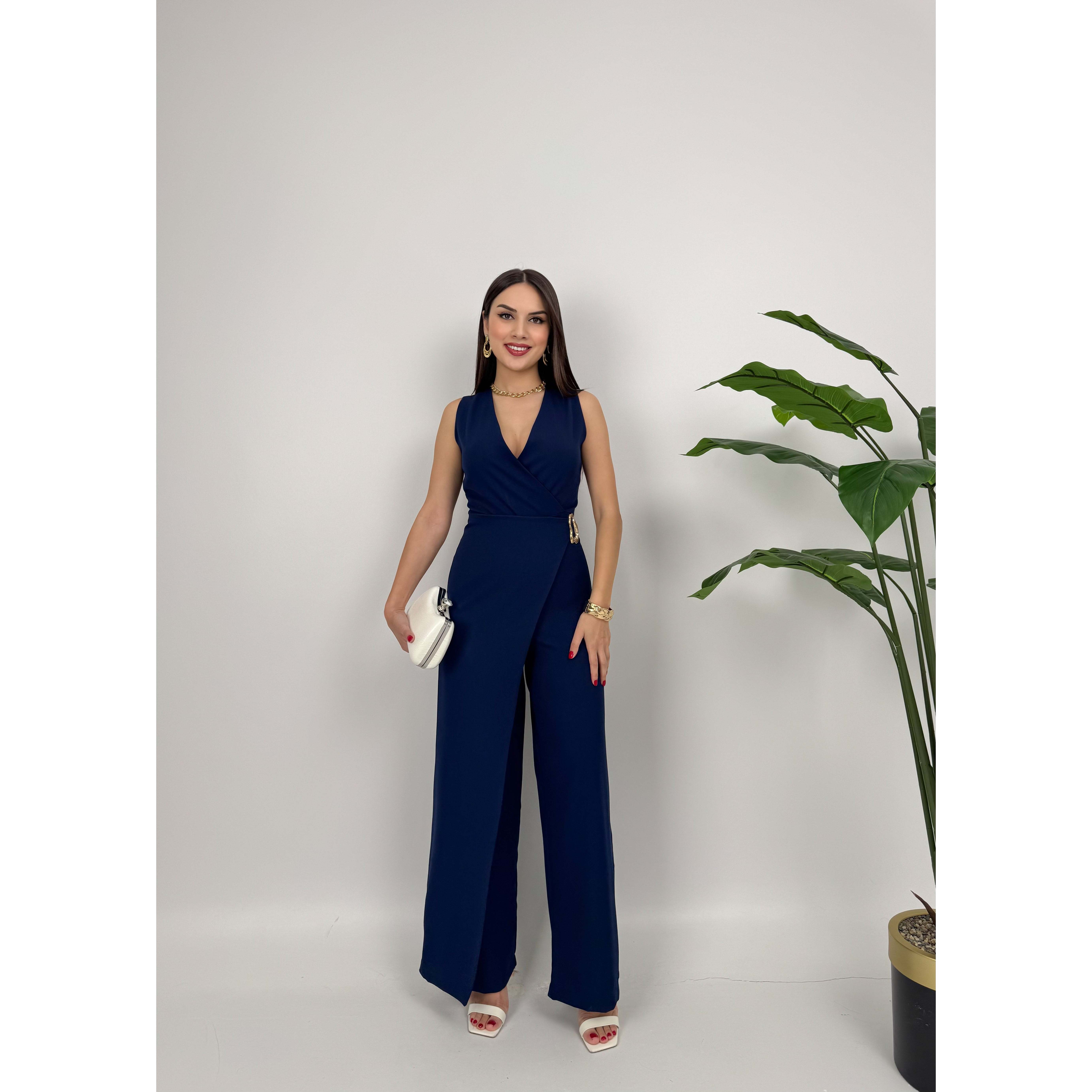 MissJANELL Women's 3019 Black Satin Jumpsuit with Waist Buckle Detail