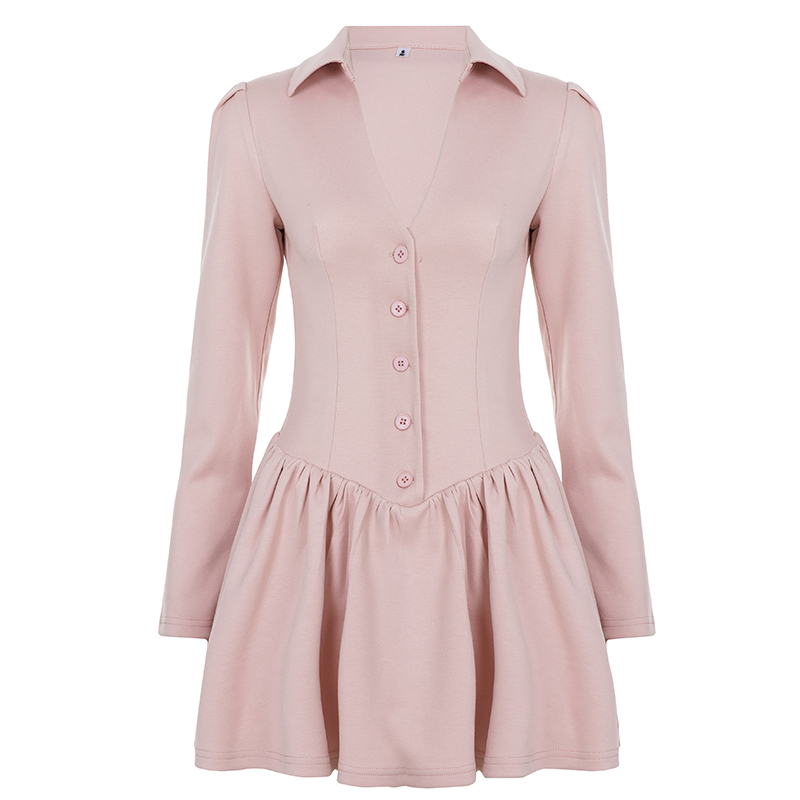 Women's Eco-Friendly Button Down Pleated Mini Dress with Natural Waist Deep V-Neck Candy Color Breathable Dress