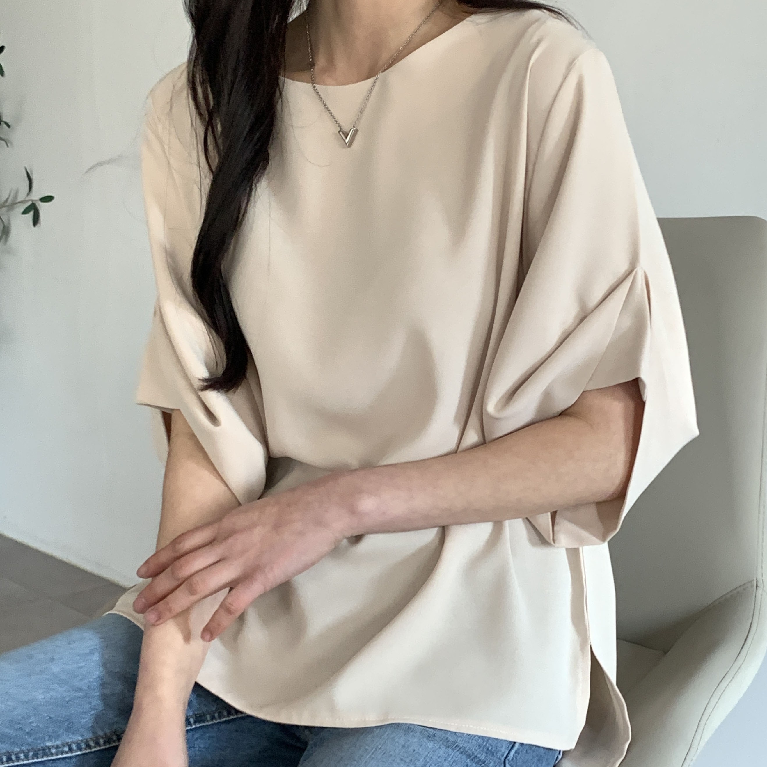 Korean Made Women's Blouse with Half Sleeve Puff Detail Soft Touch Neck Asymmetrical Hem 100% Polyester High Street Style Top