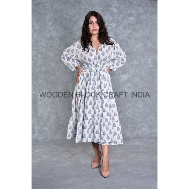 Trending 100% Cotton Dress for Women Indian Maxi Dress Long Sleeve Elegant Floral Printed Boho Style Midi Party Wear Dress