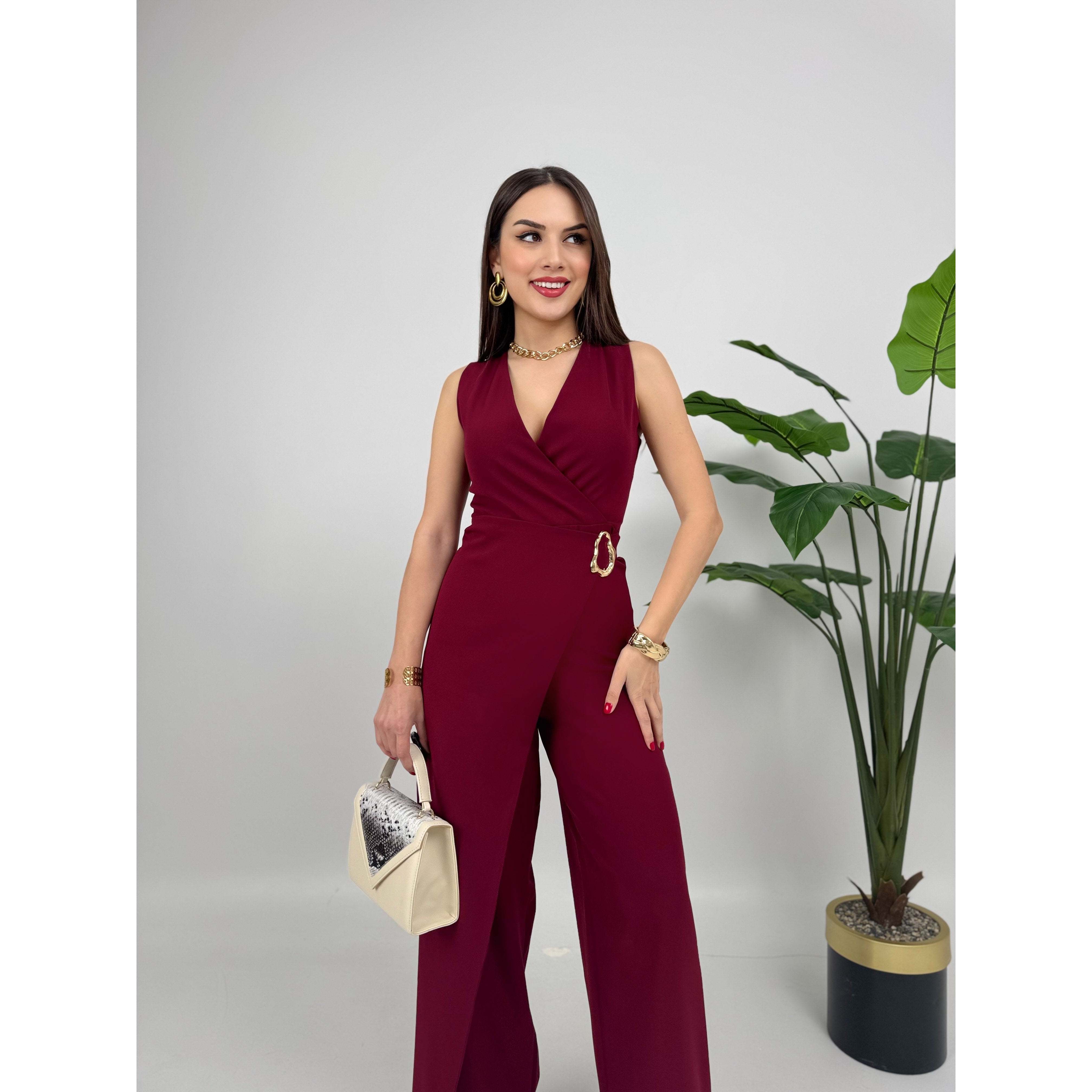 MissJANELL Women's 3019 Black Satin Jumpsuit with Waist Buckle Detail