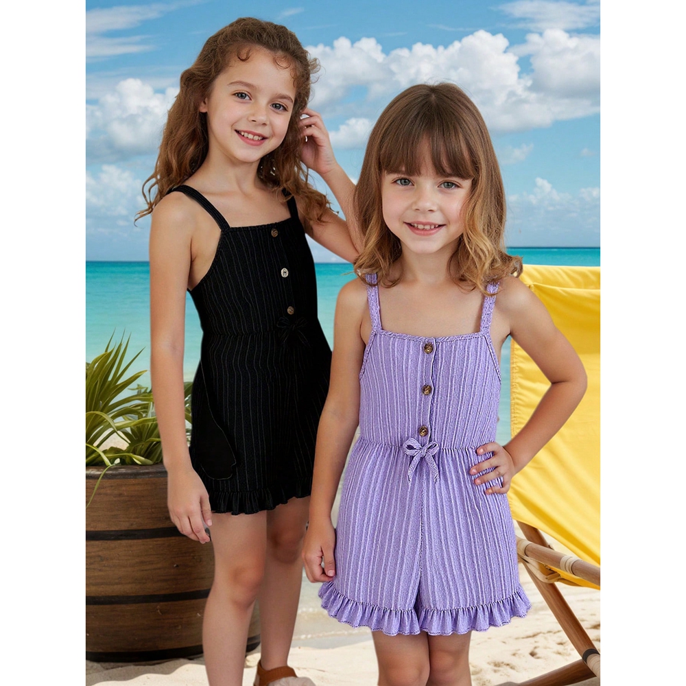 Minimalist Soft Stretch Vertical Rib Texture Button Placket Decor Ruffle Short Leg Hem Black Lavender Girl Kid Romper