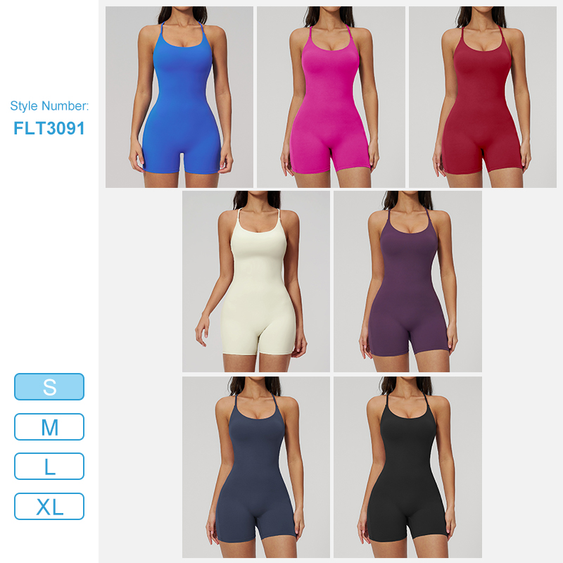FLT3091 Cross Back Deep U Neck Sleeveless Short One Piece Jumpsuit Hip-lifting Pleated Micro-lingerie-style Yoga Outfit