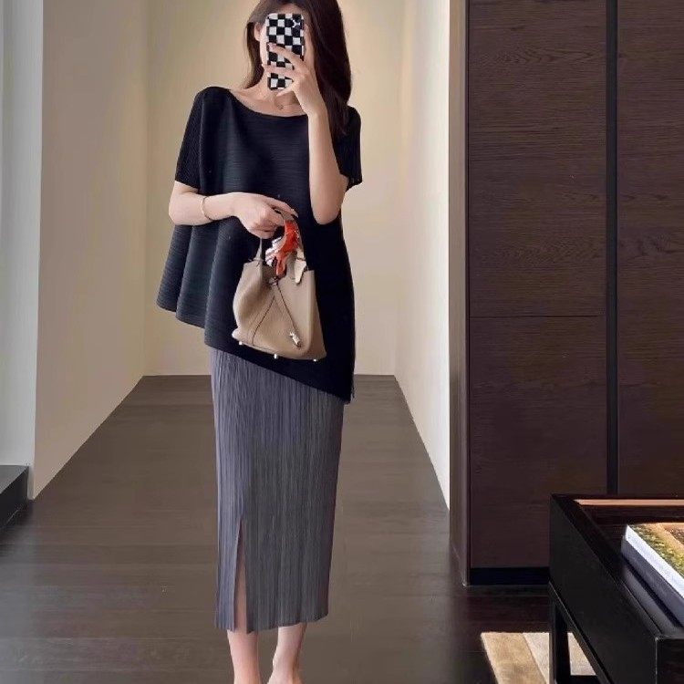Miyake Summer Midi Pleated Short Sleeve T-Shirt and Skirt Two-Piece Set for Women 2025 New