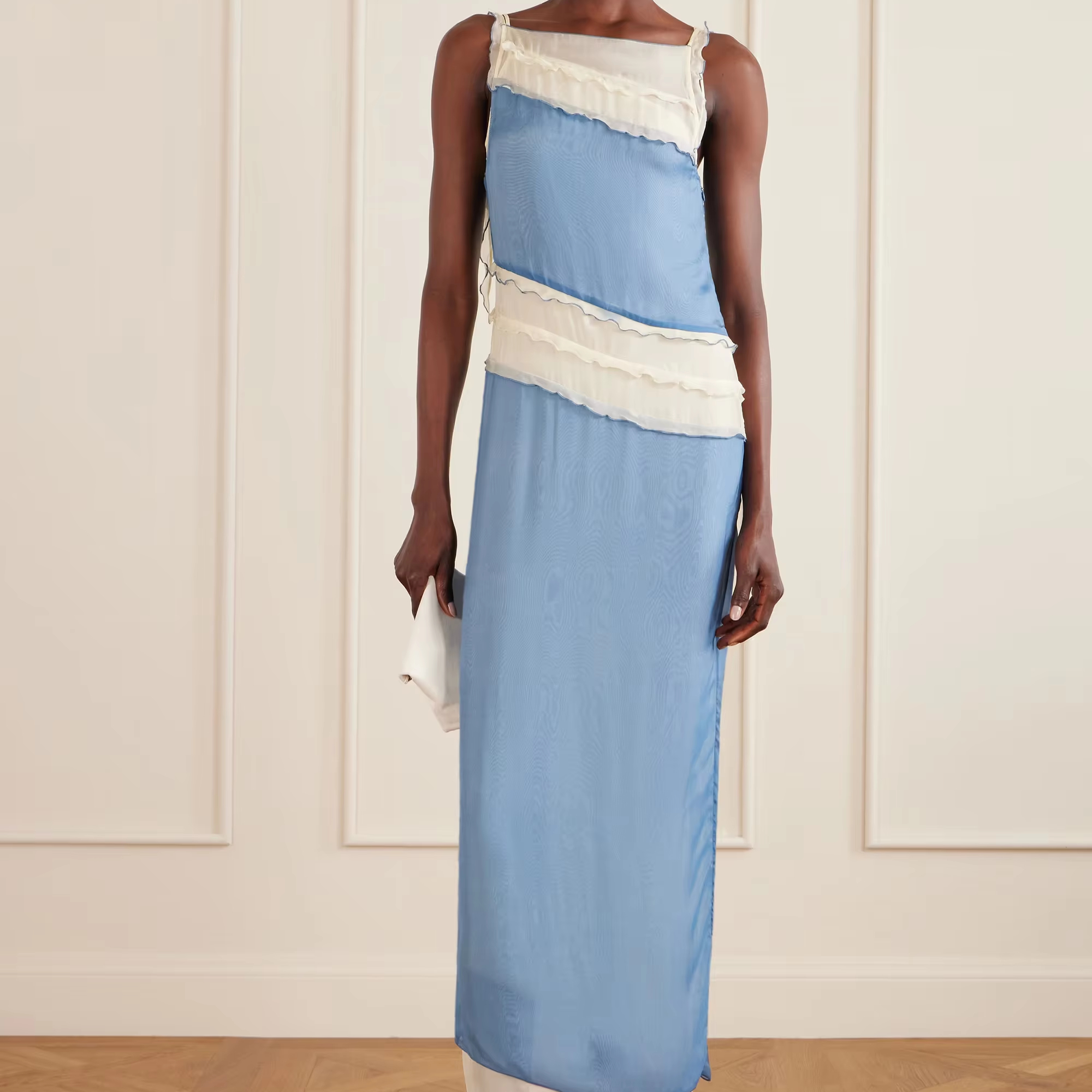 Splicing Chiffon Maxi Dress with Strapless Spaghetti Strap Print Breathable Casual Design